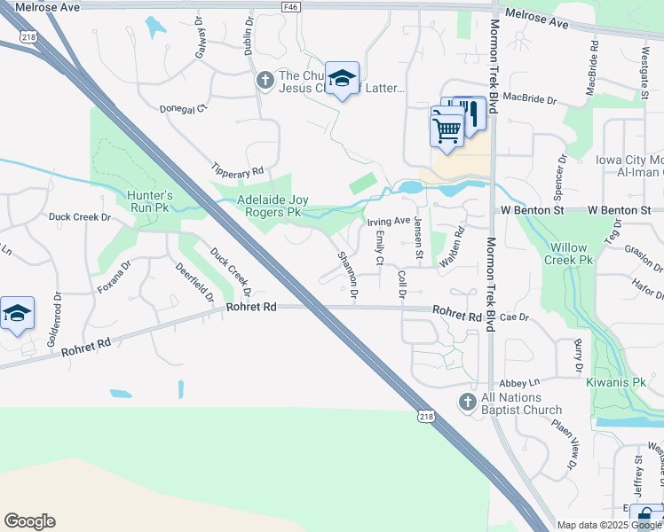 map of restaurants, bars, coffee shops, grocery stores, and more near 1229 Shannon Drive in Iowa City