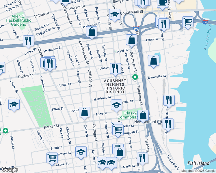 map of restaurants, bars, coffee shops, grocery stores, and more near 99 Hazard Street in New Bedford