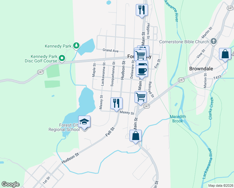 map of restaurants, bars, coffee shops, grocery stores, and more near 335 Hudson Street in Forest City