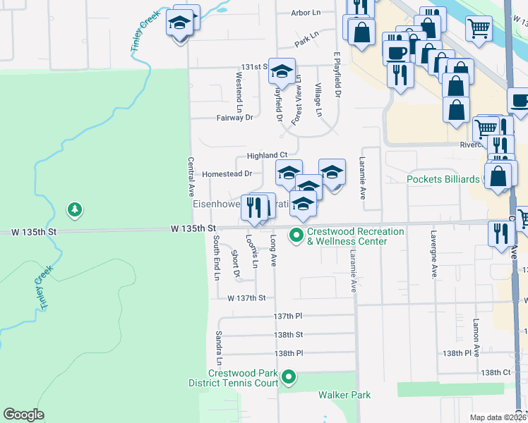 map of restaurants, bars, coffee shops, grocery stores, and more near 5410 135th Street in Crestwood