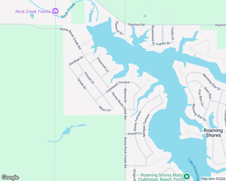 map of restaurants, bars, coffee shops, grocery stores, and more near 458 Rome Rock Creek Road in Roaming Shores