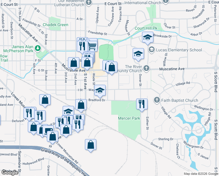 map of restaurants, bars, coffee shops, grocery stores, and more near 2600 Wayne Avenue in Iowa City