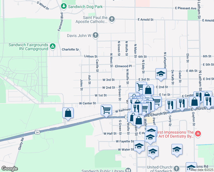 map of restaurants, bars, coffee shops, grocery stores, and more near 315 West 2nd Street in Sandwich