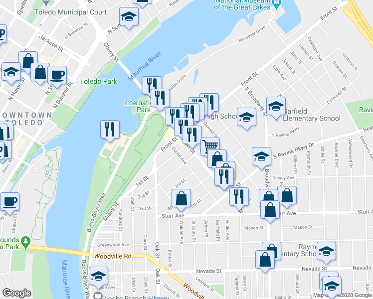 map of restaurants, bars, coffee shops, grocery stores, and more near 130 Main St in Toledo