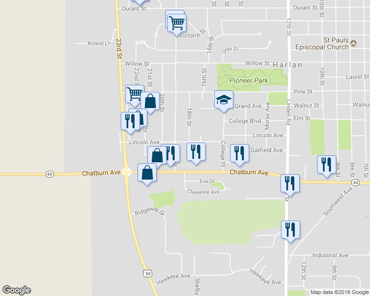 map of restaurants, bars, coffee shops, grocery stores, and more near 1709 Lincoln Avenue in Harlan