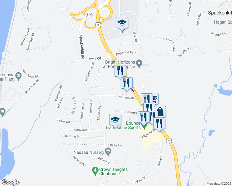 map of restaurants, bars, coffee shops, grocery stores, and more near 23 Anthony Drive in Poughkeepsie