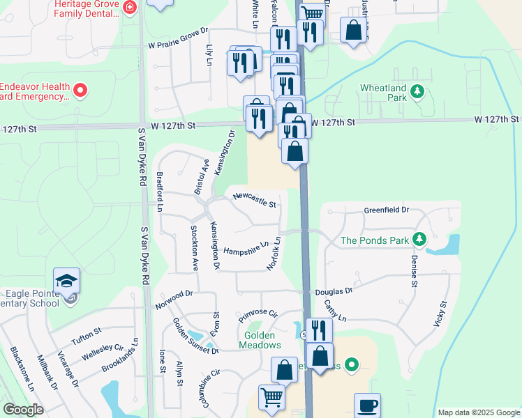 map of restaurants, bars, coffee shops, grocery stores, and more near 24109 Newcastle Street in Plainfield