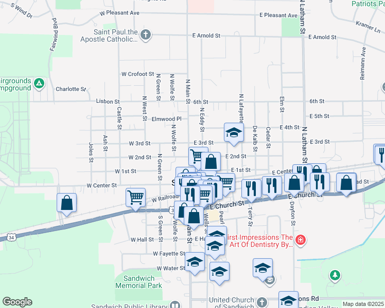 map of restaurants, bars, coffee shops, grocery stores, and more near 202 North Main Street in Sandwich