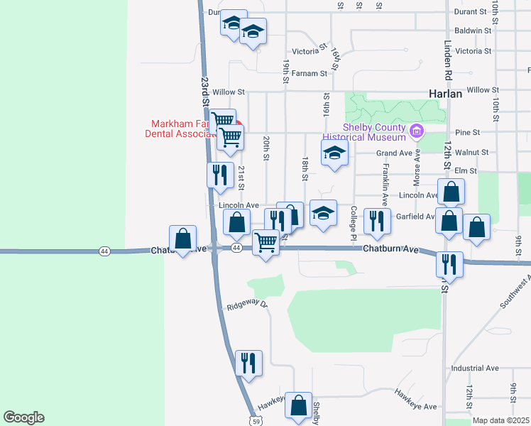 map of restaurants, bars, coffee shops, grocery stores, and more near 2004 Garfield Avenue in Harlan
