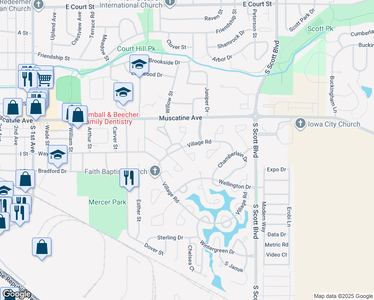 map of restaurants, bars, coffee shops, grocery stores, and more near 1201 Tyler Court in Iowa City