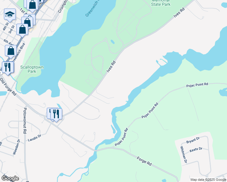 map of restaurants, bars, coffee shops, grocery stores, and more near 1128 Ives Road in East Greenwich