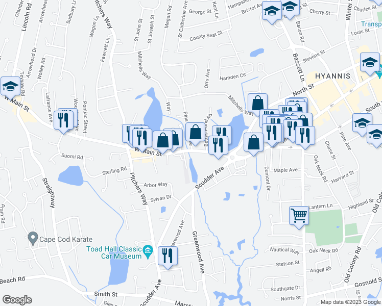 map of restaurants, bars, coffee shops, grocery stores, and more near 85 West Main Street in Barnstable