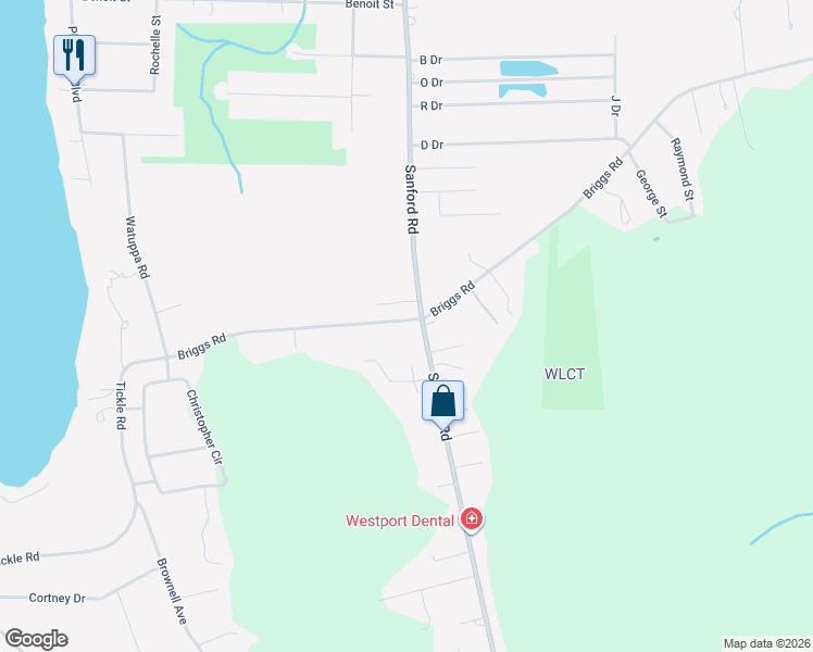 map of restaurants, bars, coffee shops, grocery stores, and more near 364 Briggs Road in Westport