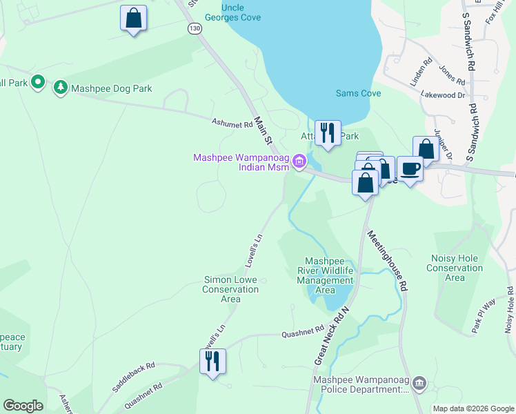 map of restaurants, bars, coffee shops, grocery stores, and more near 39 Lovell's Lane in Mashpee