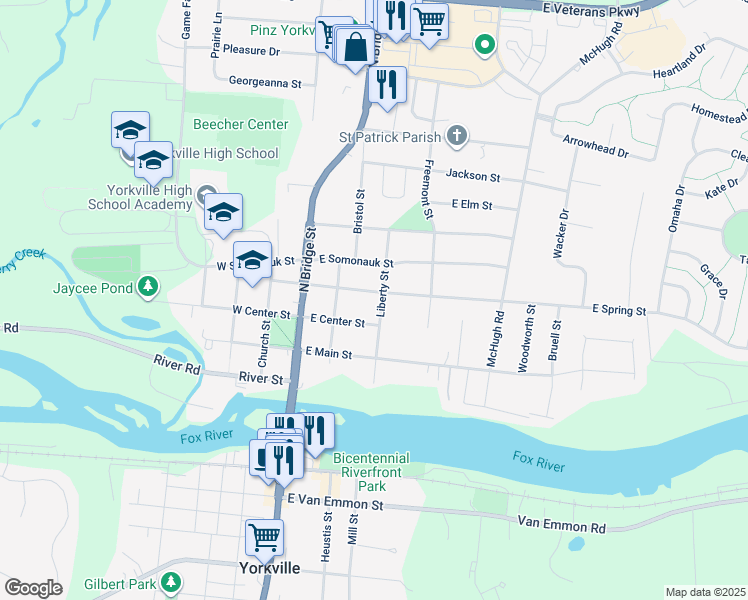 map of restaurants, bars, coffee shops, grocery stores, and more near 212 East Spring Street in Yorkville