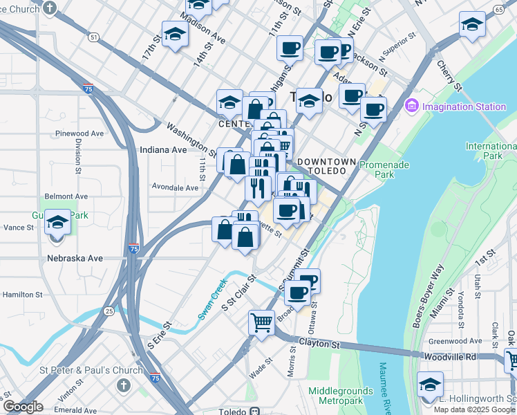 map of restaurants, bars, coffee shops, grocery stores, and more near 36 South Huron Street in Toledo