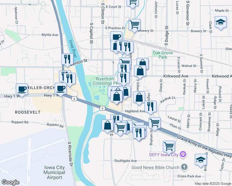 map of restaurants, bars, coffee shops, grocery stores, and more near 1141 South Gilbert Street in Iowa City