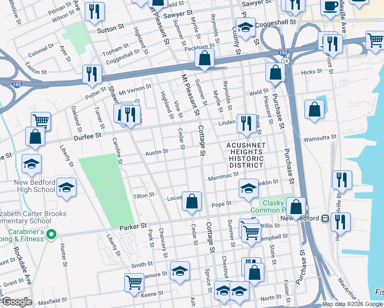 map of restaurants, bars, coffee shops, grocery stores, and more near 30 Willow Street in New Bedford