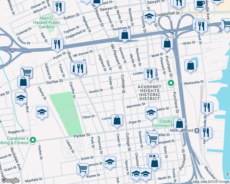 map of restaurants, bars, coffee shops, grocery stores, and more near 30 Willow Street in New Bedford