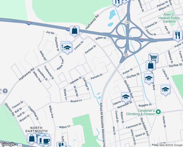 map of restaurants, bars, coffee shops, grocery stores, and more near 122 Oakdale Street in New Bedford