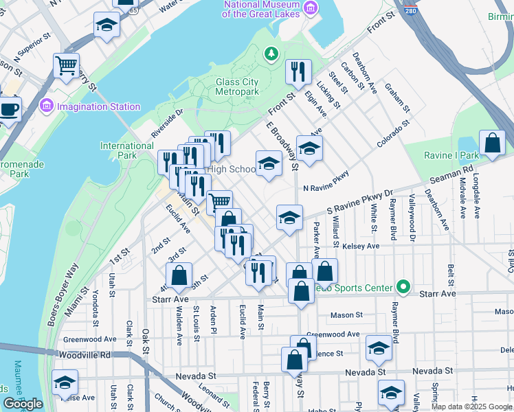 map of restaurants, bars, coffee shops, grocery stores, and more near 324 Morrison Drive in Toledo