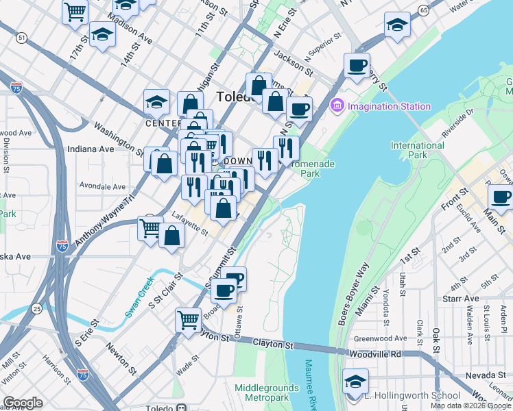 map of restaurants, bars, coffee shops, grocery stores, and more near 31 North Summit Street in Toledo