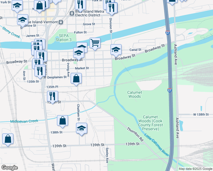 map of restaurants, bars, coffee shops, grocery stores, and more near 2001 135th Place in Blue Island
