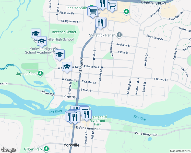 map of restaurants, bars, coffee shops, grocery stores, and more near 212 East Spring Street in Yorkville