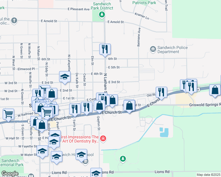 map of restaurants, bars, coffee shops, grocery stores, and more near 1010 East 3rd Street in Sandwich