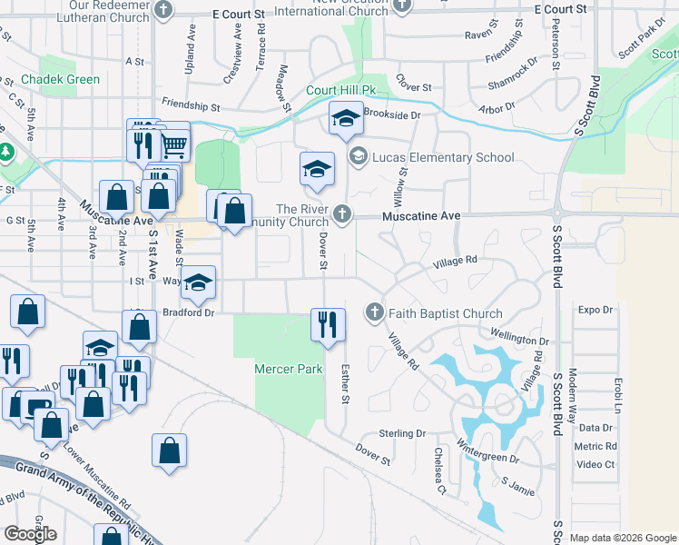 map of restaurants, bars, coffee shops, grocery stores, and more near 3021 Wayne Avenue in Iowa City