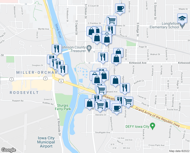 map of restaurants, bars, coffee shops, grocery stores, and more near 1141 South Gilbert Street in Iowa City