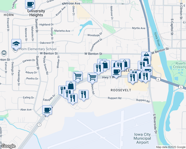 map of restaurants, bars, coffee shops, grocery stores, and more near 640 Hawk Ridge Road in Iowa City