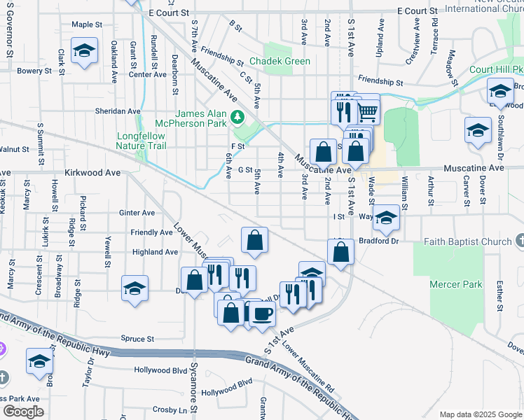 map of restaurants, bars, coffee shops, grocery stores, and more near 1122 5th Avenue in Iowa City