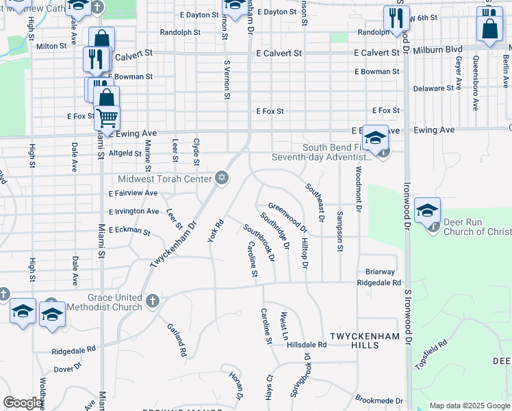 map of restaurants, bars, coffee shops, grocery stores, and more near 1600 Greenwood Drive in South Bend