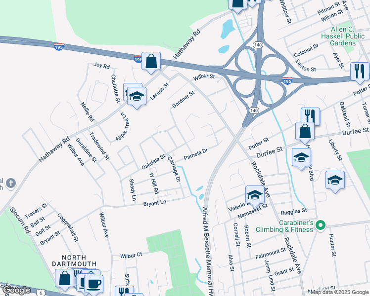 map of restaurants, bars, coffee shops, grocery stores, and more near 122 Oakdale Street in New Bedford