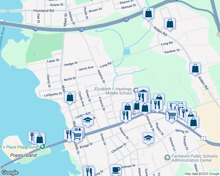 map of restaurants, bars, coffee shops, grocery stores, and more near 129 Adams Street in Fairhaven