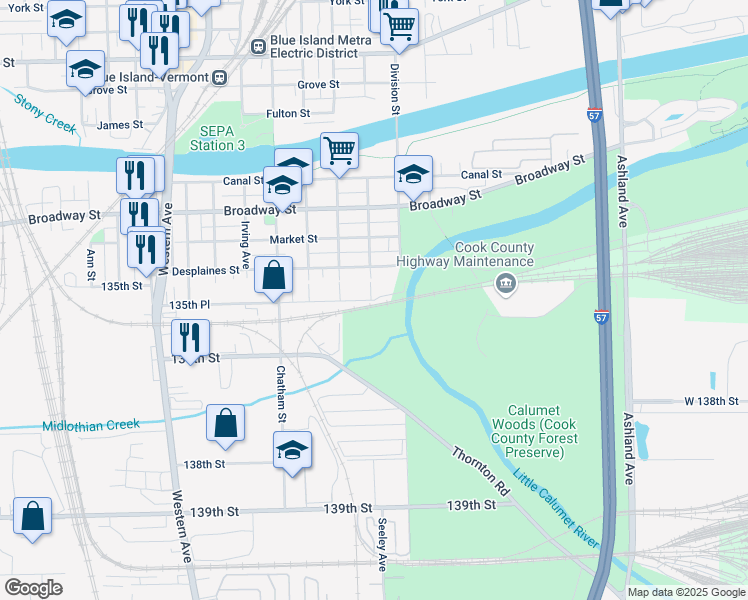 map of restaurants, bars, coffee shops, grocery stores, and more near 2001 135th Place in Blue Island