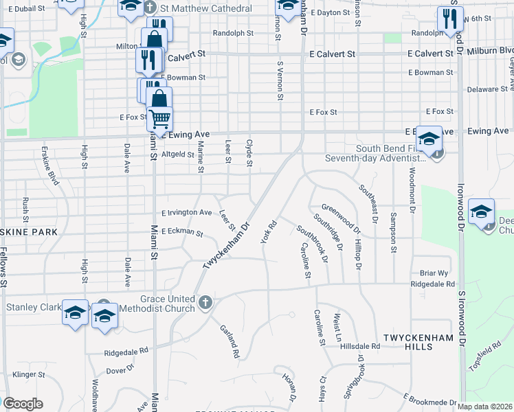 map of restaurants, bars, coffee shops, grocery stores, and more near 2609 South Twyckenham Drive in South Bend