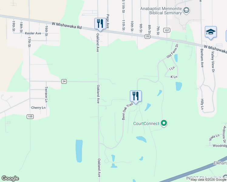 map of restaurants, bars, coffee shops, grocery stores, and more near 58292 County Road 7 in Elkhart