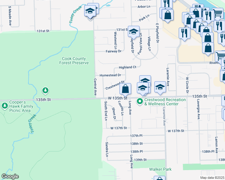 map of restaurants, bars, coffee shops, grocery stores, and more near 13448 Loomis Court in Crestwood