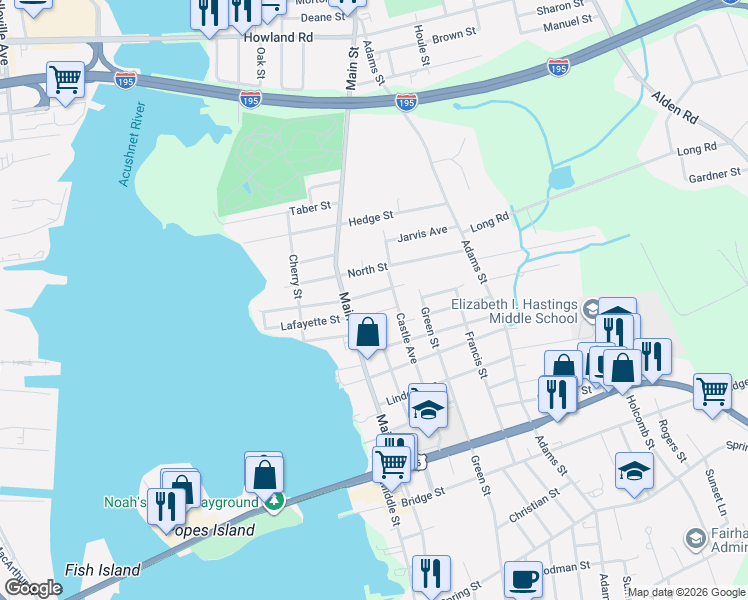 map of restaurants, bars, coffee shops, grocery stores, and more near 57 Oxford Street in Fairhaven