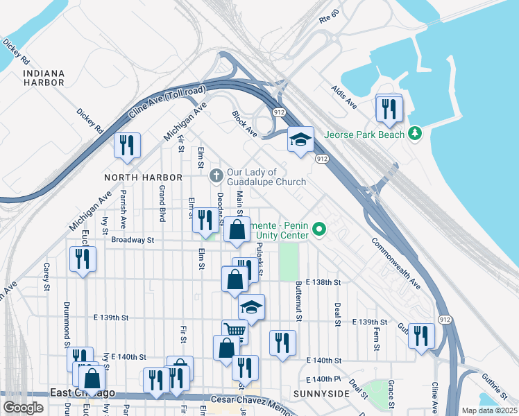 map of restaurants, bars, coffee shops, grocery stores, and more near 3600 Pulaski Street in East Chicago