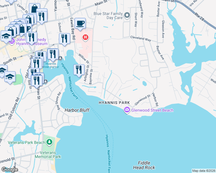 map of restaurants, bars, coffee shops, grocery stores, and more near 16 Highland Street in Yarmouth