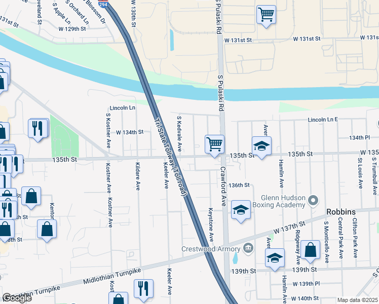 map of restaurants, bars, coffee shops, grocery stores, and more near 4116 W 135th St in Robbins