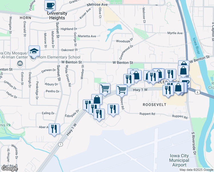 map of restaurants, bars, coffee shops, grocery stores, and more near 101 Hawk Ridge Road in Iowa City