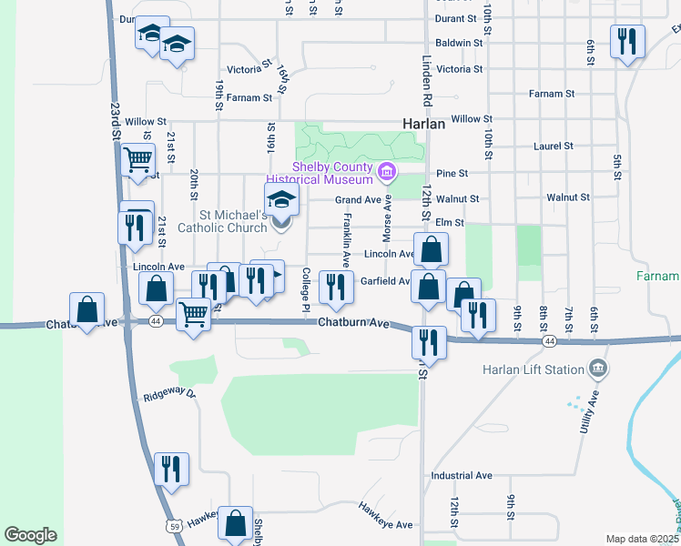 map of restaurants, bars, coffee shops, grocery stores, and more near 1404 Garfield Avenue in Harlan