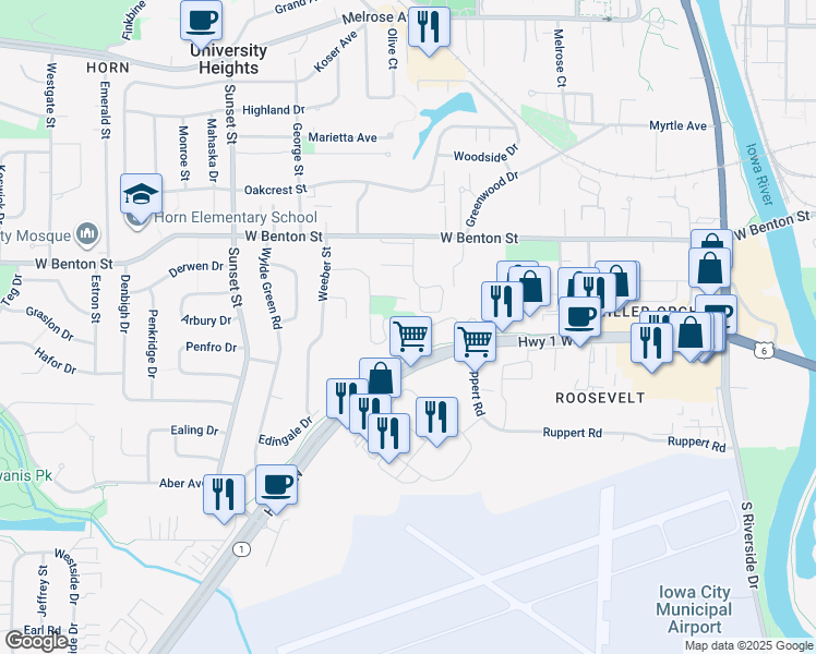 map of restaurants, bars, coffee shops, grocery stores, and more near 100 Hawk Ridge Drive in Iowa City