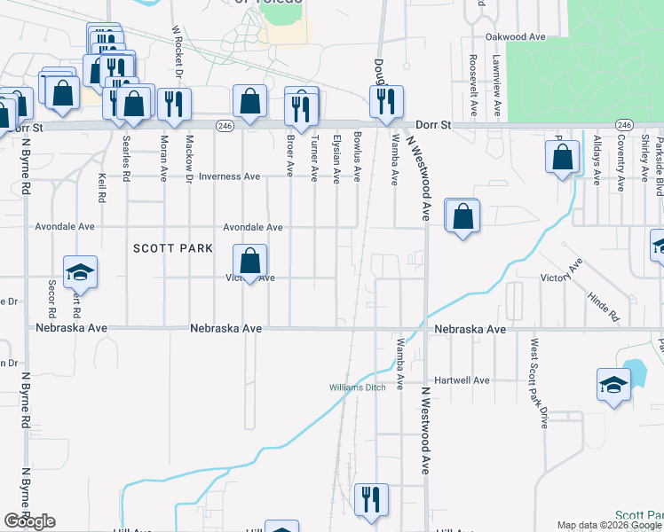 map of restaurants, bars, coffee shops, grocery stores, and more near 726 Turner Avenue in Toledo
