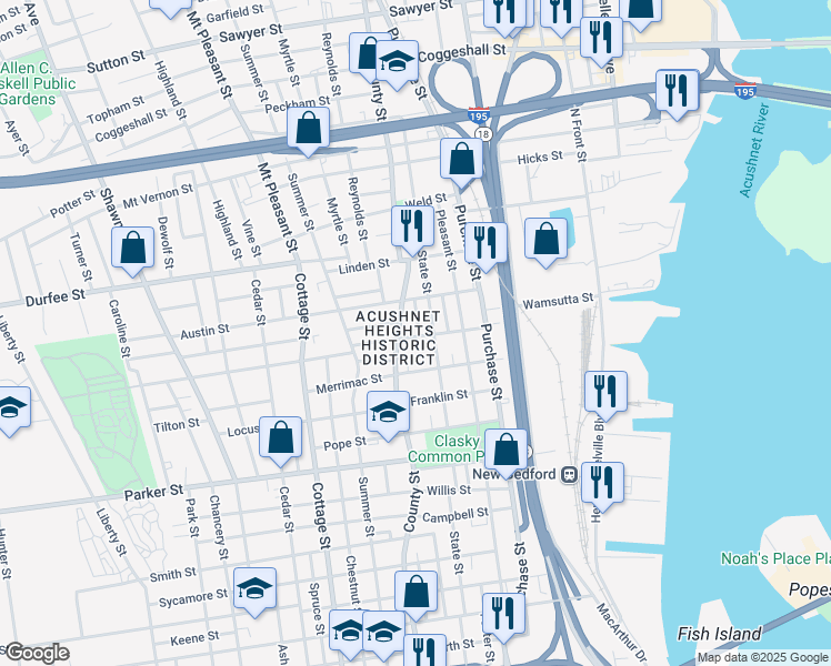 map of restaurants, bars, coffee shops, grocery stores, and more near 17-19 Hazard Court in New Bedford
