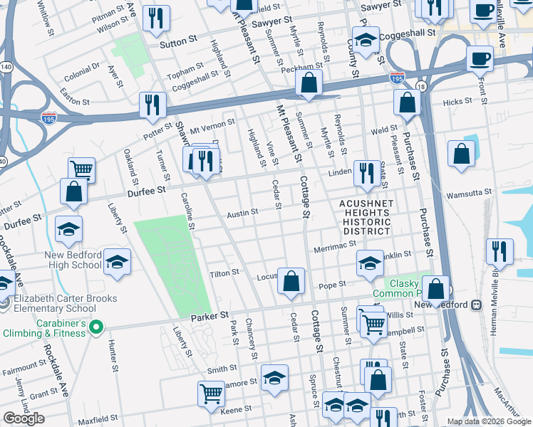 map of restaurants, bars, coffee shops, grocery stores, and more near 65-67 Willow Street in New Bedford